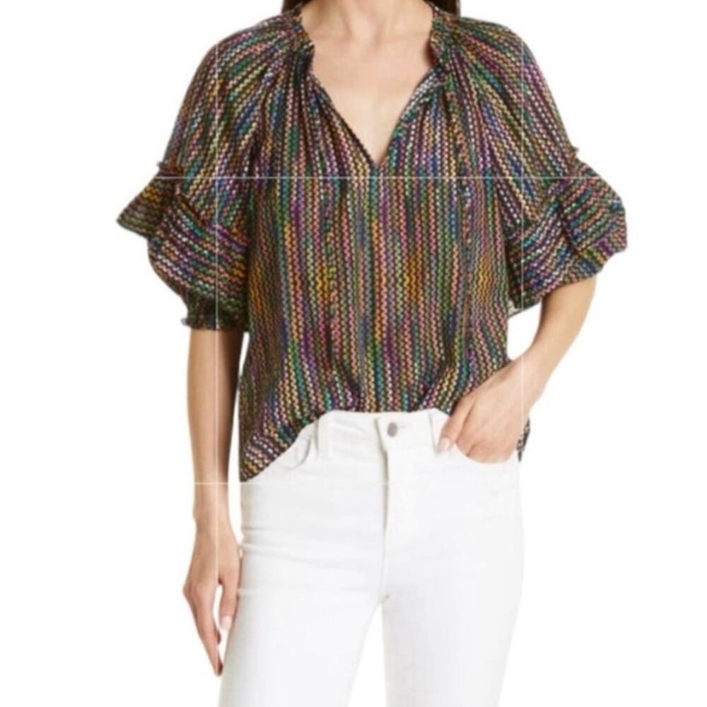 Ramy Brook Eugenia Ruffle Sleeve Top Large Rainbow Dot Stripe Split Neck Peasant
